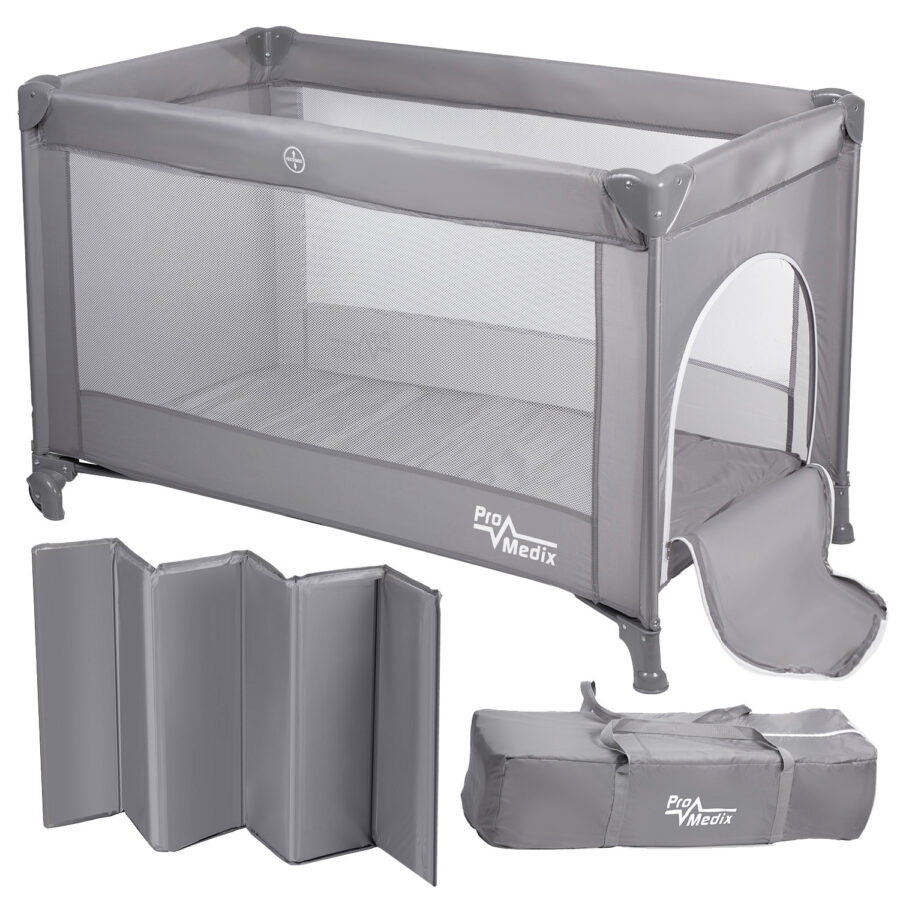 Promedix PR-803 G Szürke Utazó Babaágy 125x65x74cm, Kerekekkel és Védőhuzattal