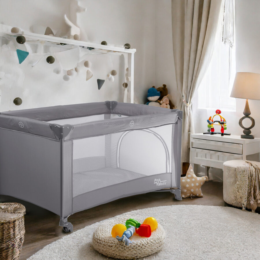 Promedix PR-803 G Szürke Utazó Babaágy 125x65x74cm, Kerekekkel és Védőhuzattal - Image 2