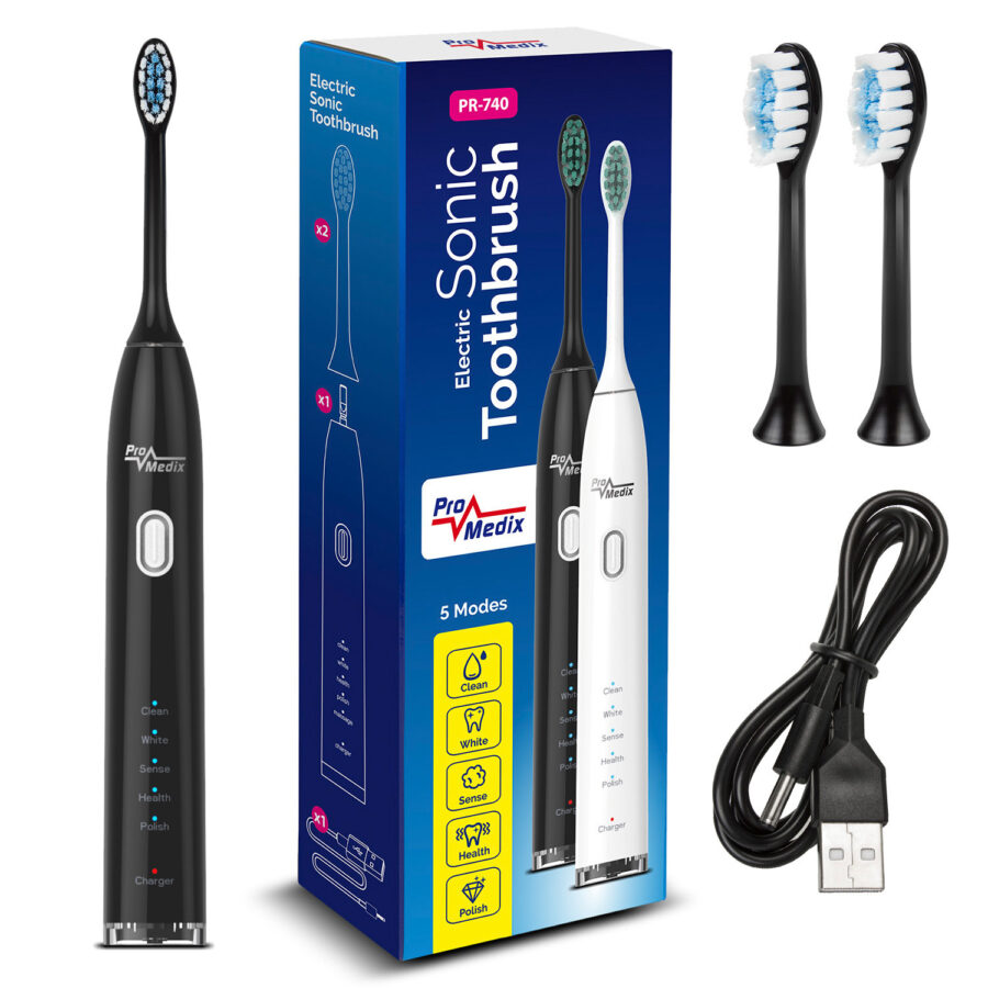 Promedix PR-740 Sonic Fogkefe, fekete, 5 üzemmód, időzítő, akkumulátor töltöttségjelző, 2 fej, USB kábel