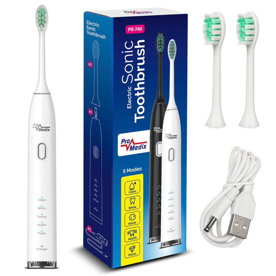 Promedix PR-740 Sonic Fogkefe, fehér színű, 5 üzemmód, időzítő, akkumulátor töltöttségjelző, 2 fej és USB kábel
